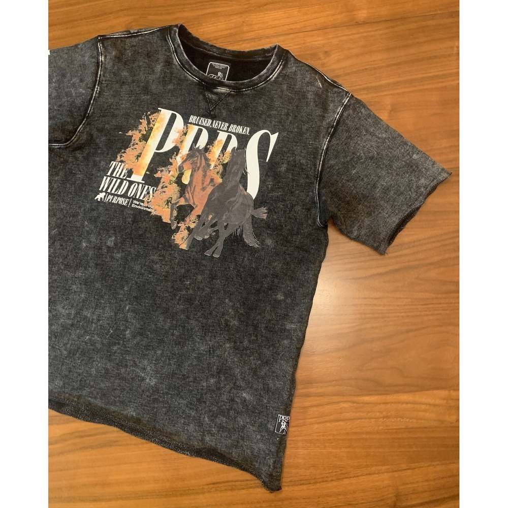 Prps Horses T-Shirt Mens L Black Gray Raw Hem Bruised Never Broken Wild Ones